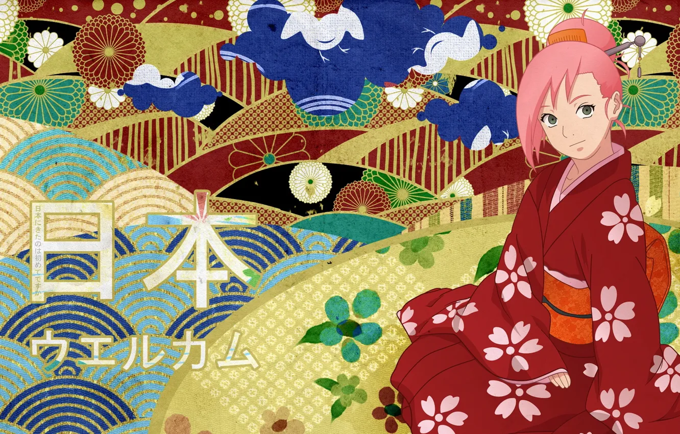 Photo wallpaper characters, kimono, Naruto, anime, art, Sakura Haruno