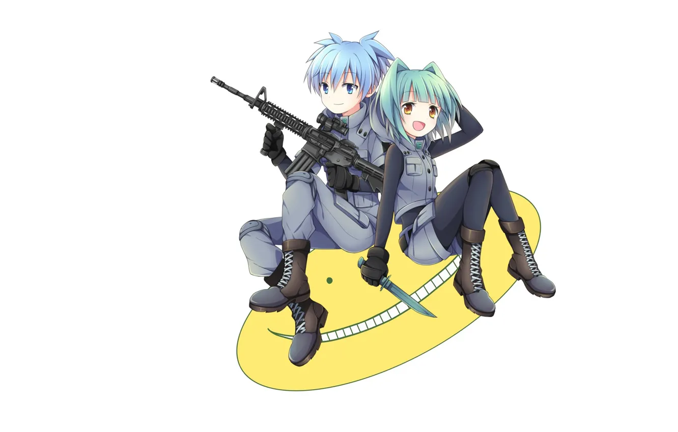 Photo wallpaper smile, shoes, machine, white background, dagger, blue hair, art, military uniform