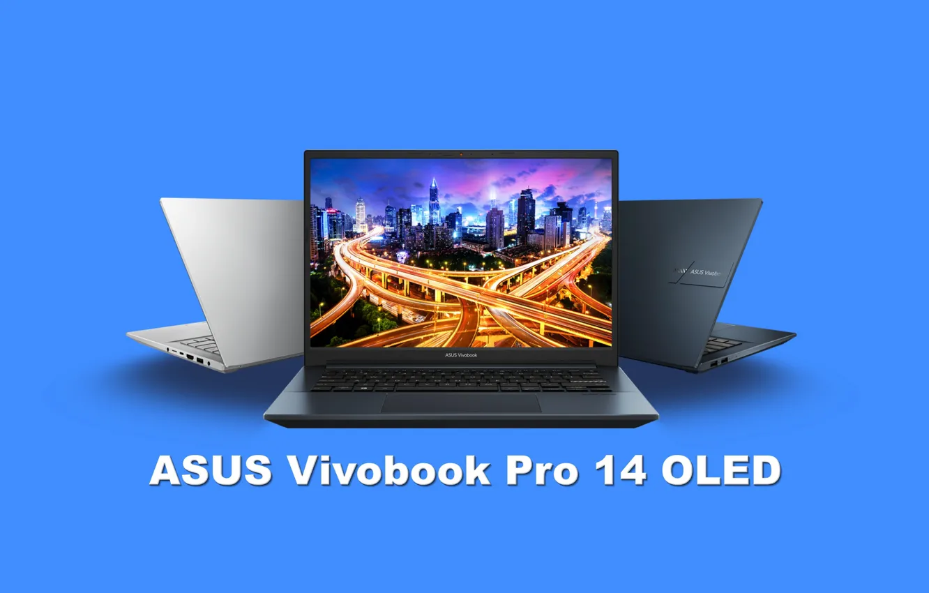 Photo wallpaper computer, wallpaper, laptop, electronics, blue background, asus, OLED, ASUS Vivobook Pro 14 OLED