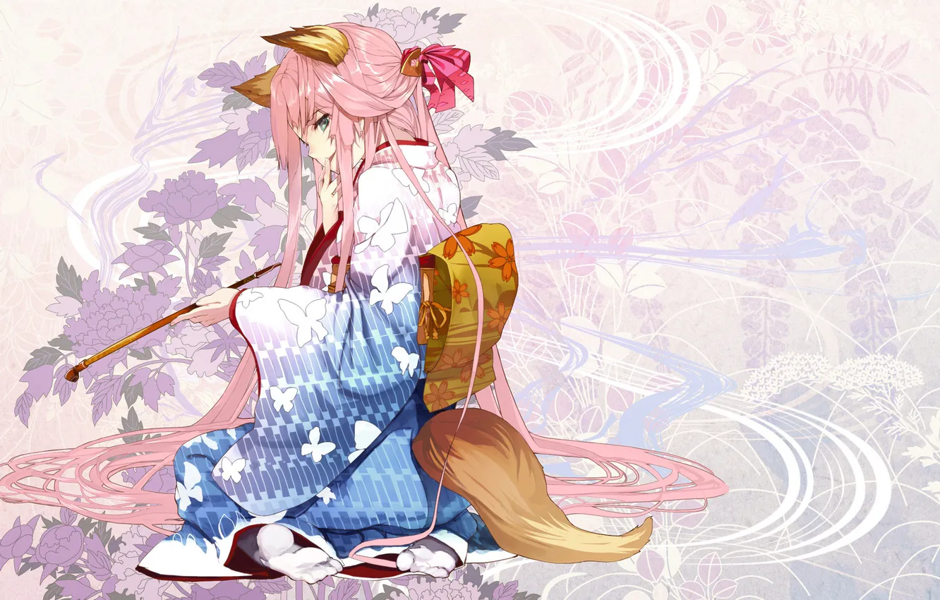 Photo wallpaper girl, flowers, anime, tail, kimono, ears