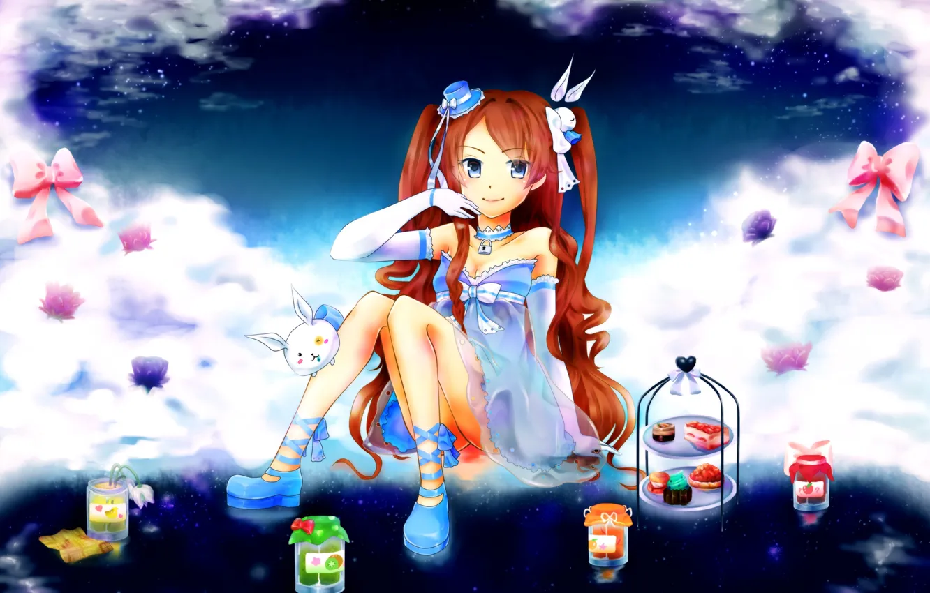 Photo wallpaper the sky, stars, clouds, smile, girl, sweets, art