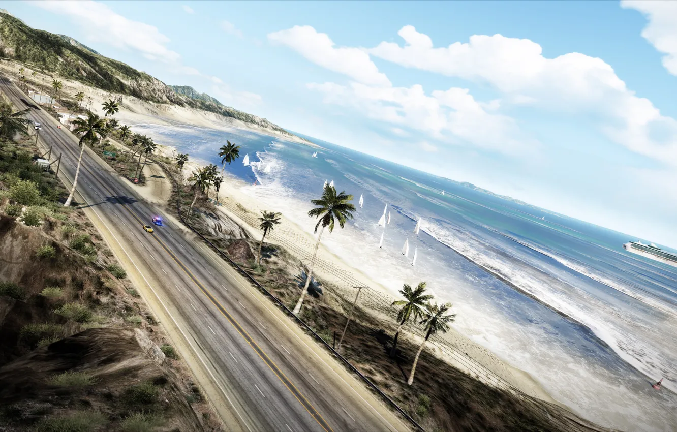 Photo wallpaper road, beach, palm trees, the ocean, track, yacht, Need for Speed: Hot Pursuit