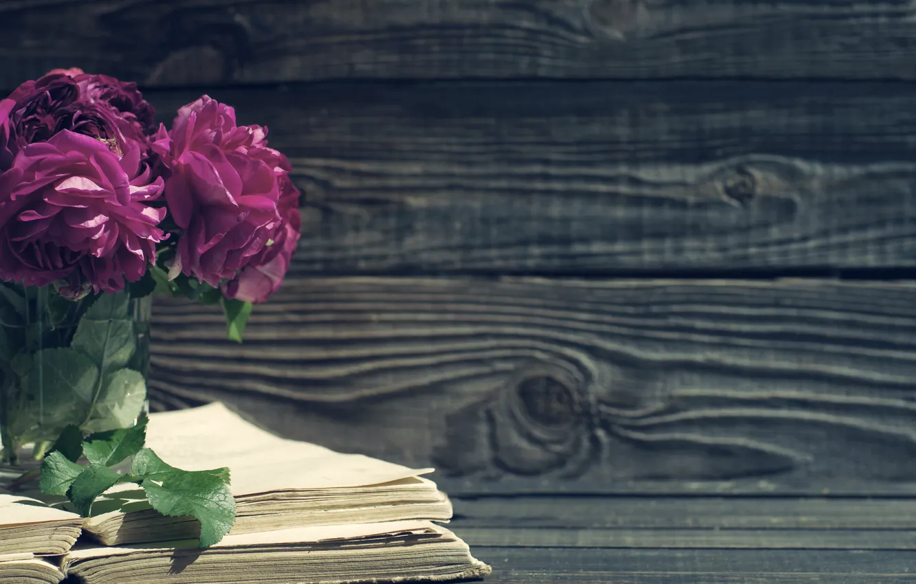 Photo wallpaper roses, vintage, wood, flowers, beautiful, purple, book
