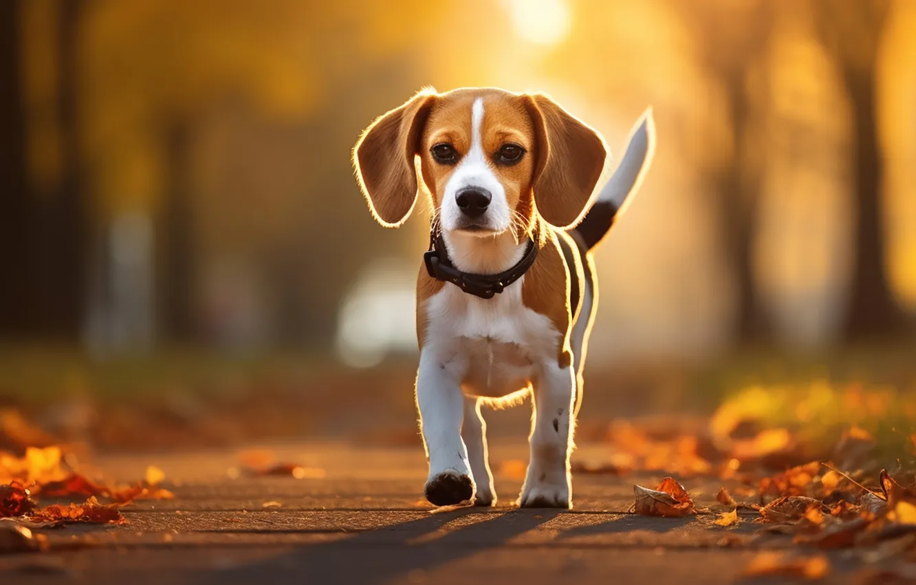 Photo wallpaper look, leaves, dog, front, Beagle, digital art, AI art, The Art of Artificial Intelligence