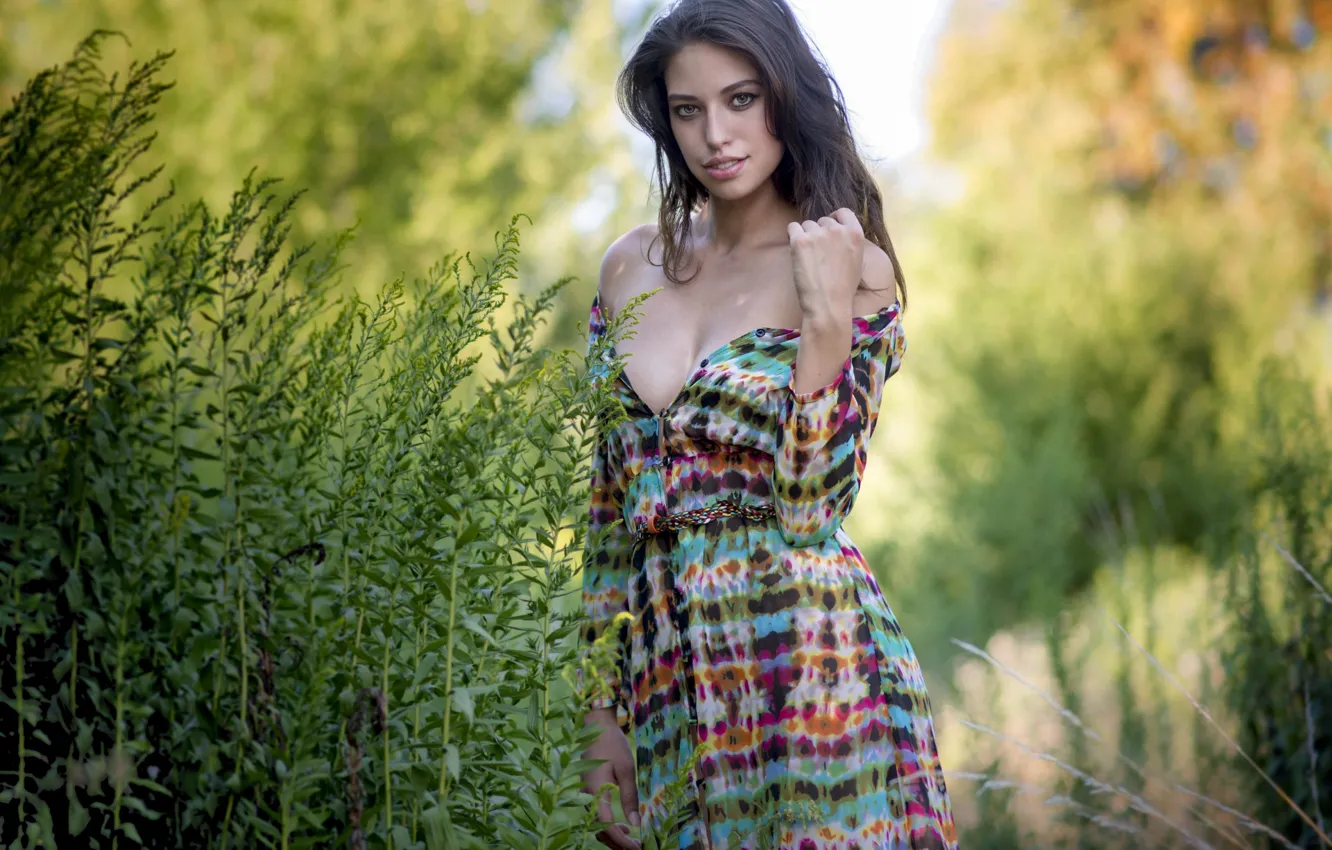 Photo wallpaper grass, look, girl, brunette, bokeh