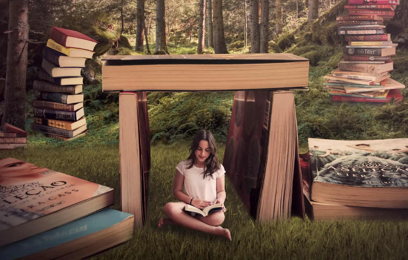 Photo wallpaper girl, background, books