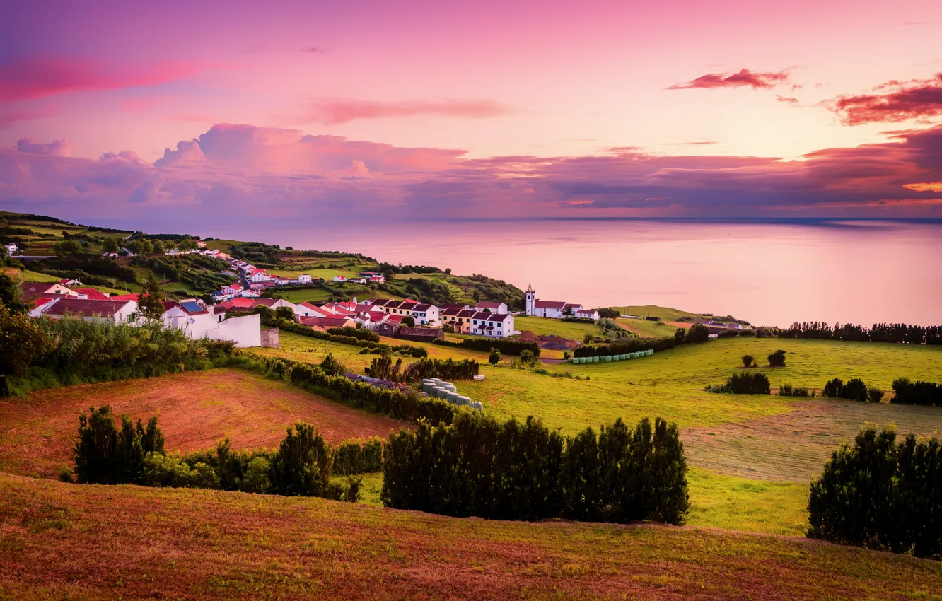 Photo wallpaper sea, field, forest, hills, house, pond, settlement