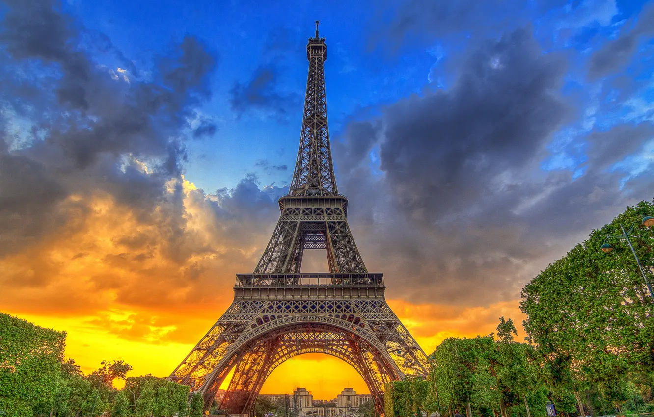Photo wallpaper the sky, trees, sunset, France, Paris, Eiffel tower, Paris, architecture