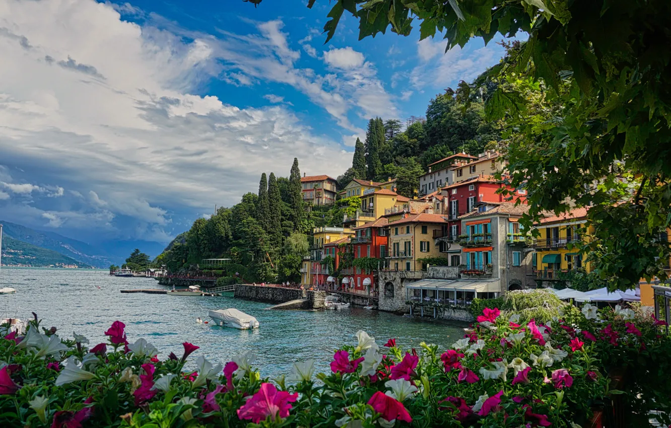 Photo wallpaper summer, the sky, clouds, trees, flowers, mountains, the city, lake
