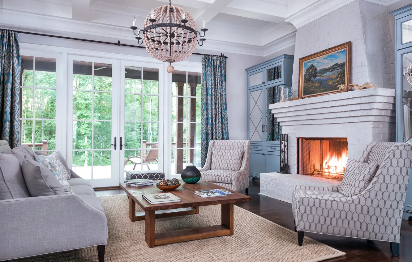 Photo wallpaper design, lights, table, sofa, picture, chair, chandelier, fireplace