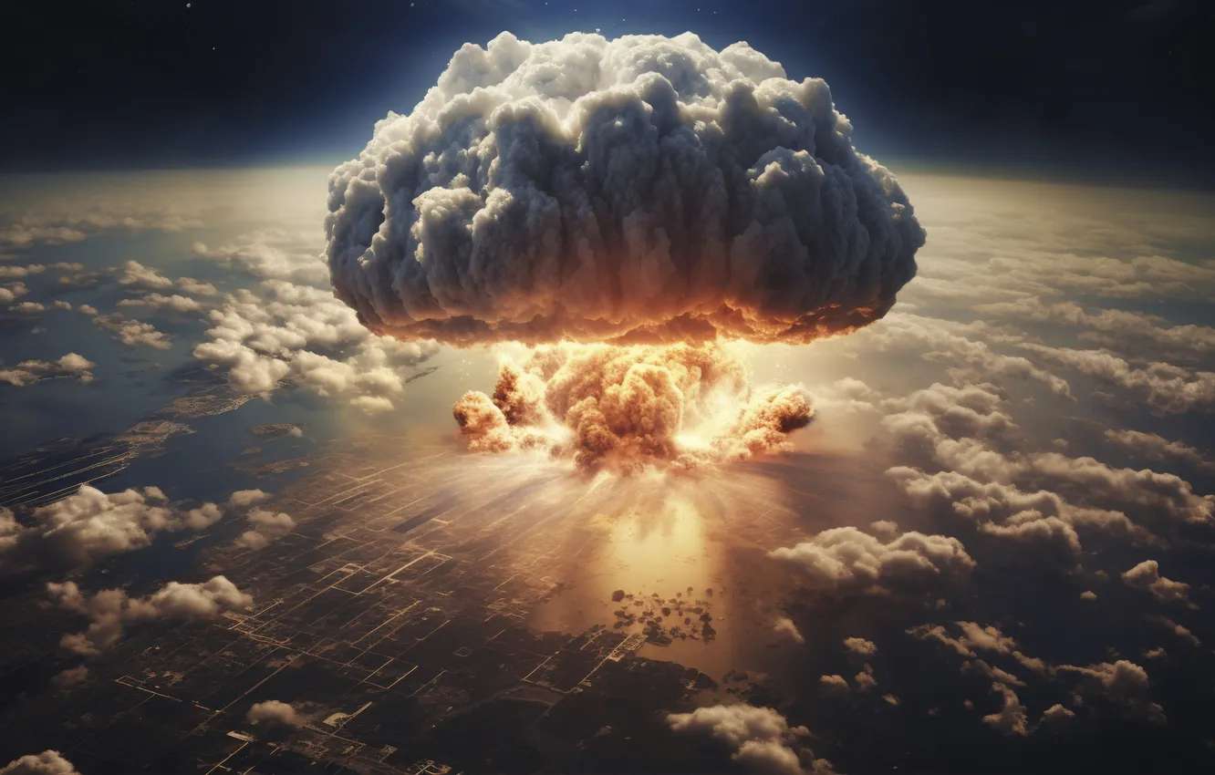 Photo wallpaper the explosion, the city, mushrooms, destruction, a nuclear explosion, digital art, nuclear weapons, AI art