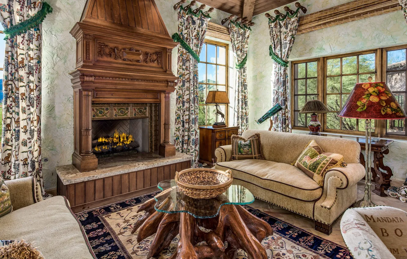 Photo wallpaper design, style, heat, room, interior, fireplace, living room, cozy