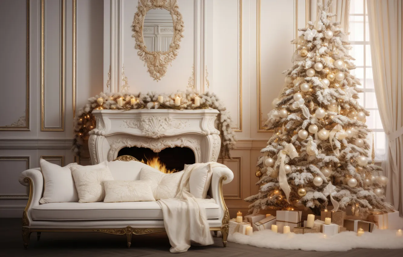 Photo wallpaper room, tree, new year, interior, Christmas, fireplace, Christmas, view