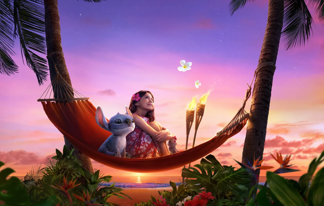 Photo wallpaper palm trees, the film, the evening, hammock, girl, poster, Stitch, poster