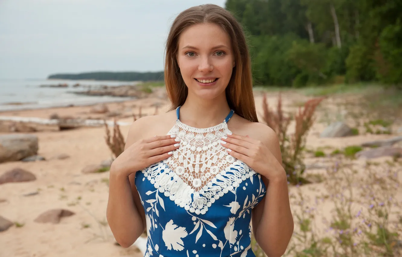 Photo wallpaper sand, sea, beach, look, trees, landscape, pose, model