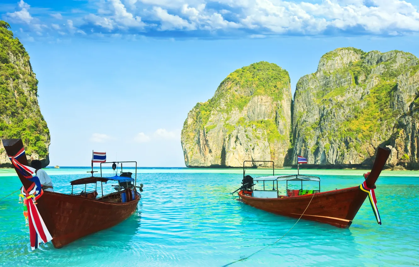 Photo wallpaper sea, the sky, water, the ocean, rocks, boat, island