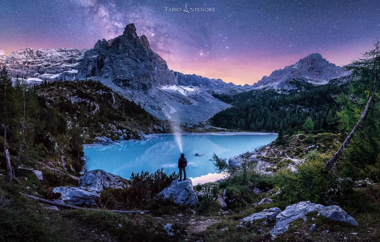 Photo wallpaper stars, light, mountains, night, lake, people