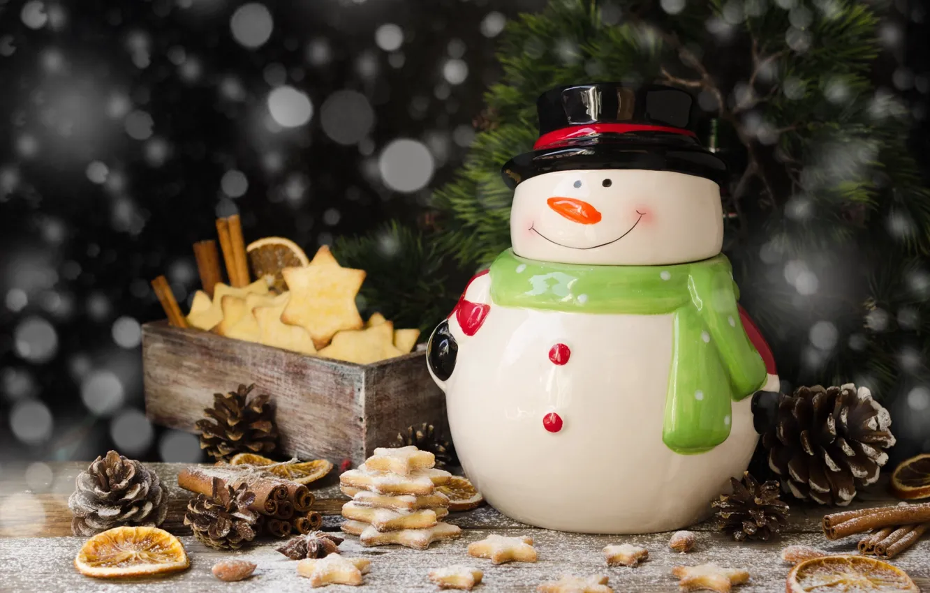 Photo wallpaper holiday, new year, Christmas, branch, cookies, snowman, box, bumps