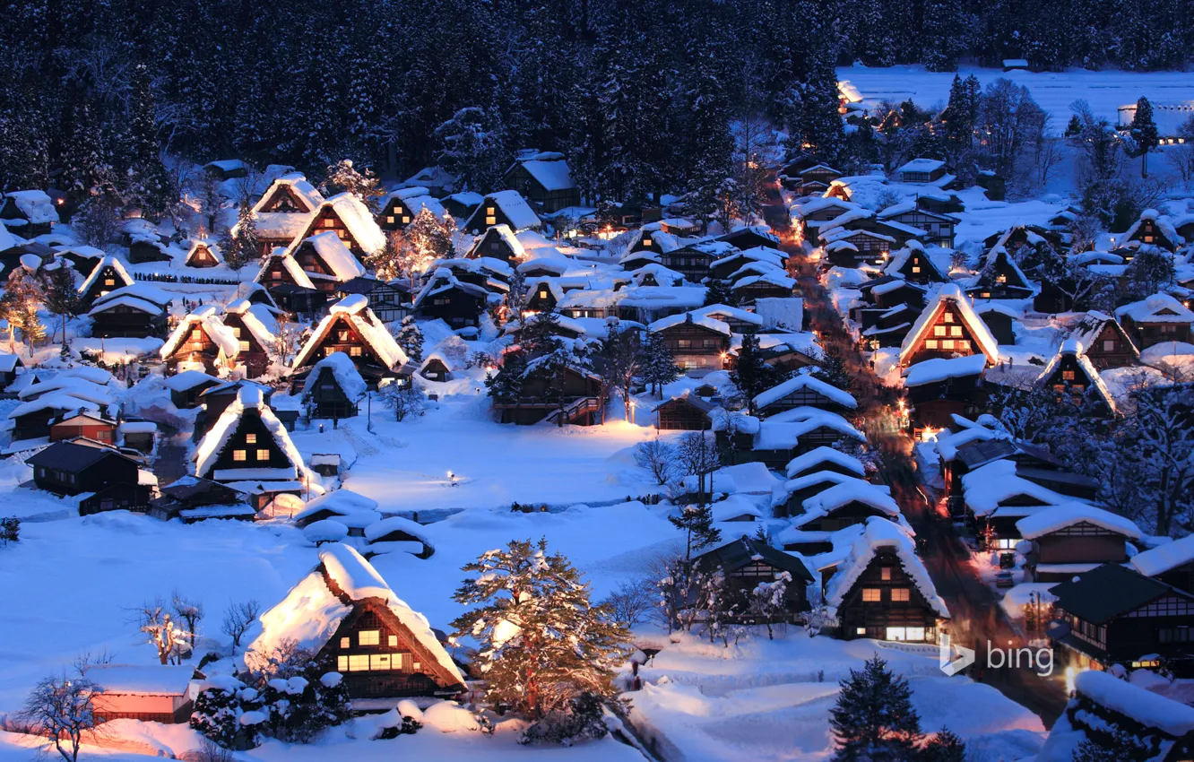 Photo wallpaper winter, snow, night, lights, Japan, valley, the island of Honshu, Gokayama