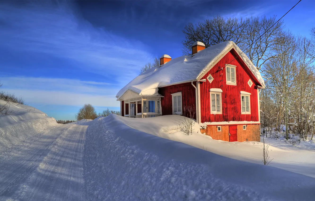 Photo wallpaper winter, road, snow, house