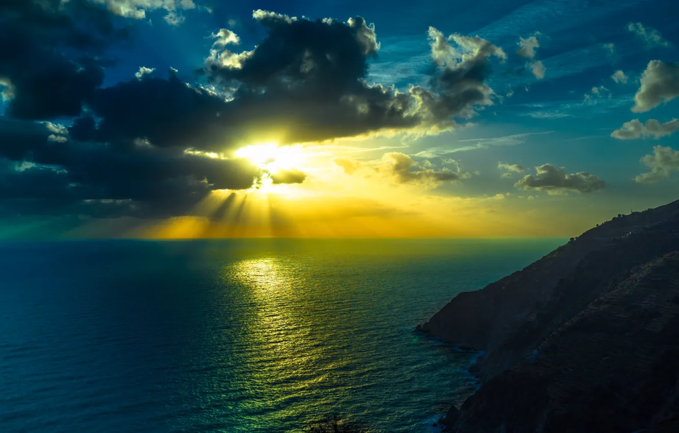 Photo wallpaper sea, the sky, clouds, sunset, mountains, nature, reflection, the sun's rays