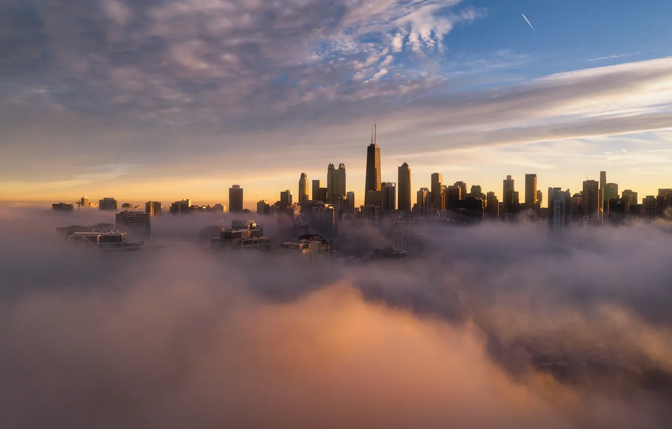 Photo wallpaper clouds, the city, fog, building, morning, Chicago, USA