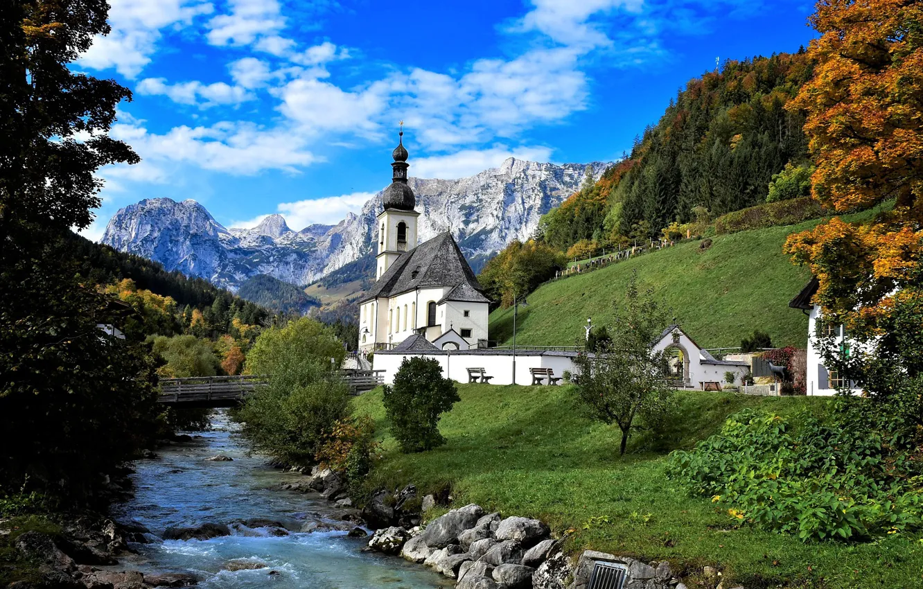 Photo wallpaper autumn, the sky, trees, mountains, bridge, river, Church, Ramsau