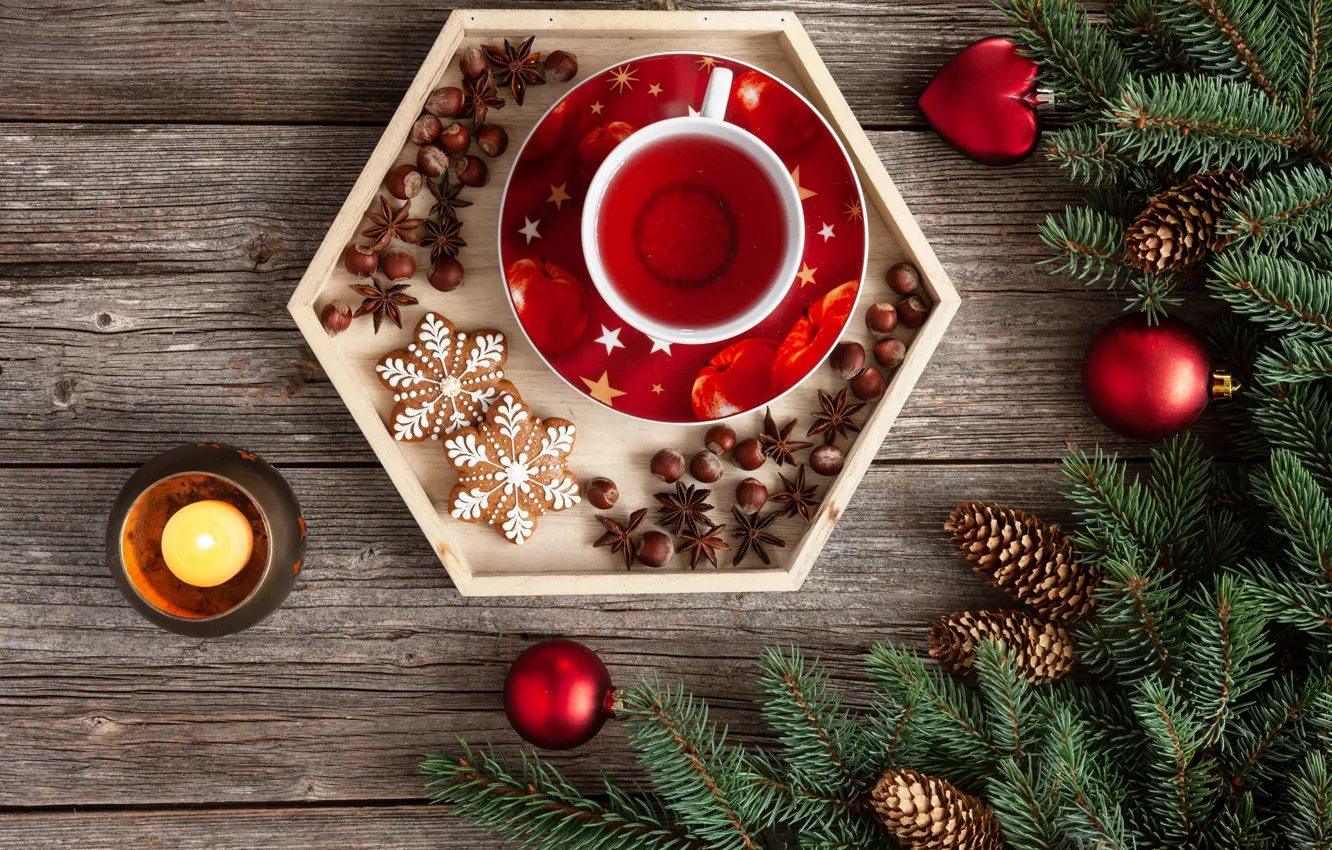 Photo wallpaper decoration, balls, new year, Christmas, Christmas, balls, wood, cup