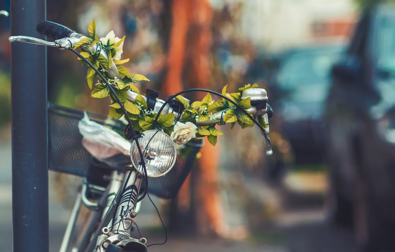 Photo wallpaper flowers, bike, the city, street, basket, headlight, lantern, bicycle