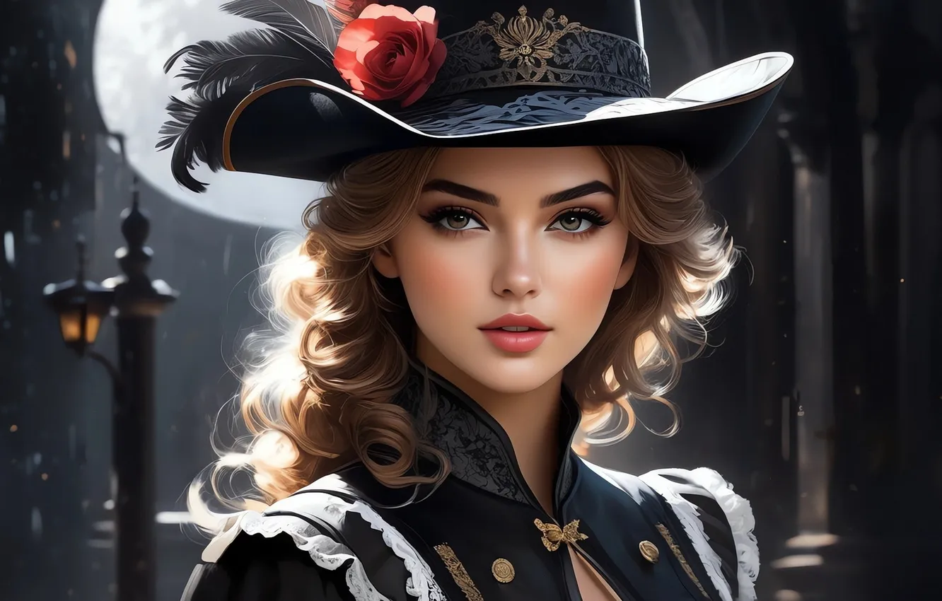 Photo wallpaper face, feathers, charm, digital art, digital art, beautiful woman, beautiful brown-haired, artificial intelligence