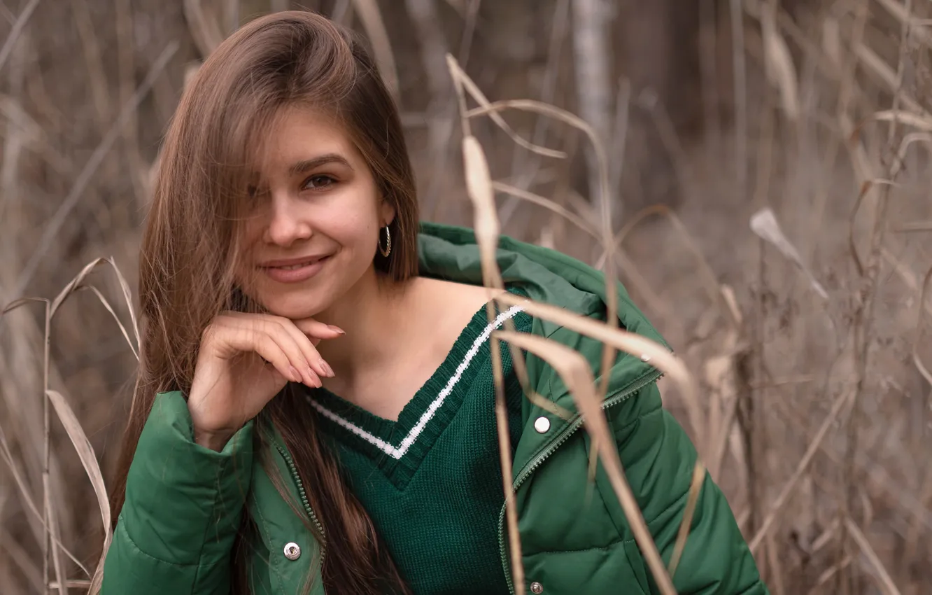 Photo wallpaper look, girl, face, pose, smile, hands, jacket, long hair