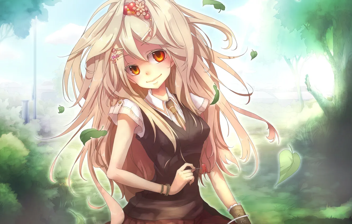 Photo wallpaper the sky, leaves, girl, clouds, trees, flowers, nature, anime