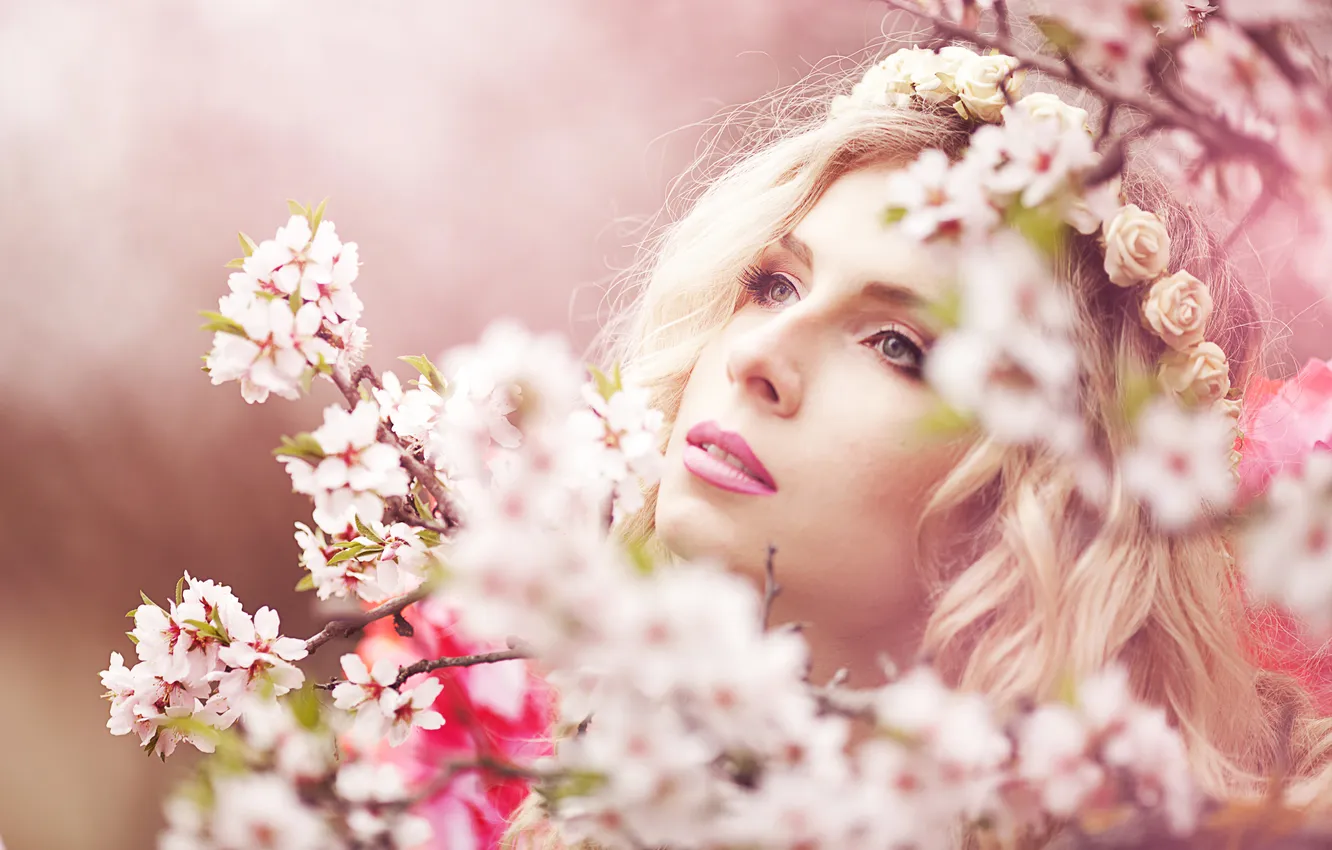 Photo wallpaper look, girl, flowers, branches, blonde, wreath