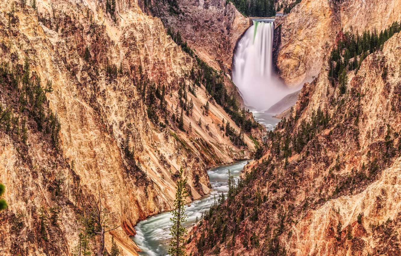 Photo wallpaper trees, river, rocks, waterfall, slope, Yellowstone Park