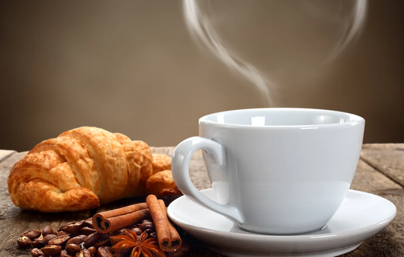 Photo wallpaper heart, coffee, grain, pair, Cup, cinnamon, saucer, bagel