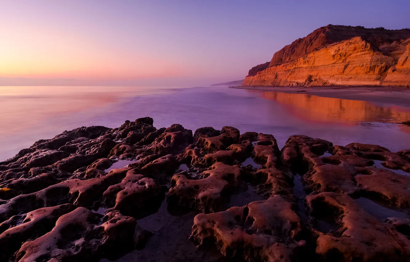 Photo wallpaper sea, the sky, sunset, stones, rocks, the evening, tide
