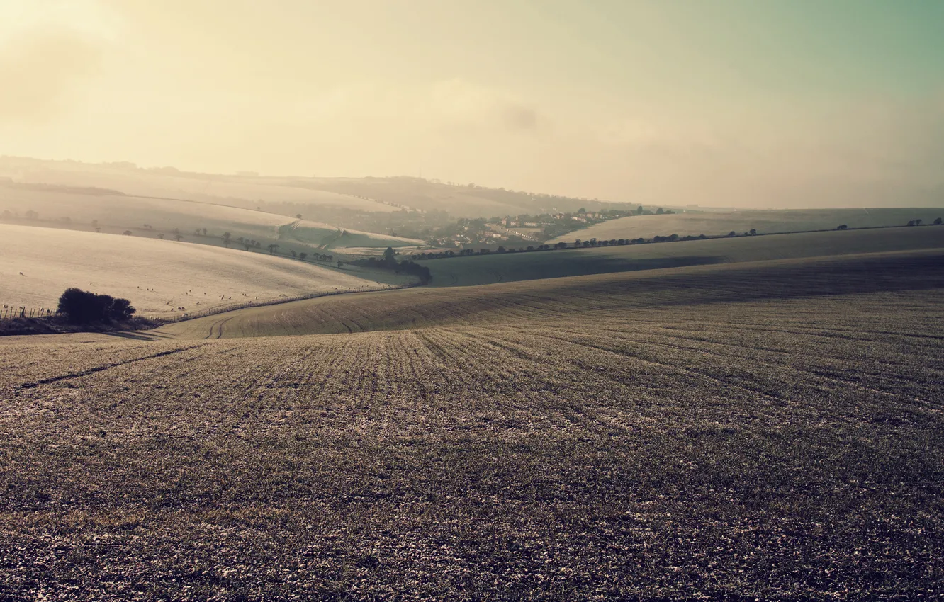 Photo wallpaper field, the sky, the sun, rays, landscape, nature, photo, space