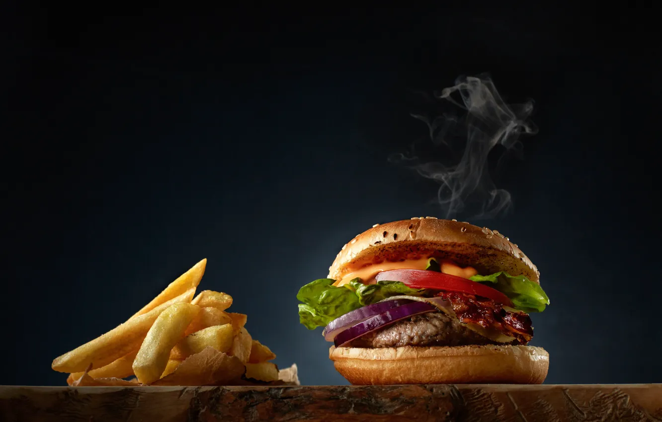 Photo wallpaper meat, salad, French fries, Burger