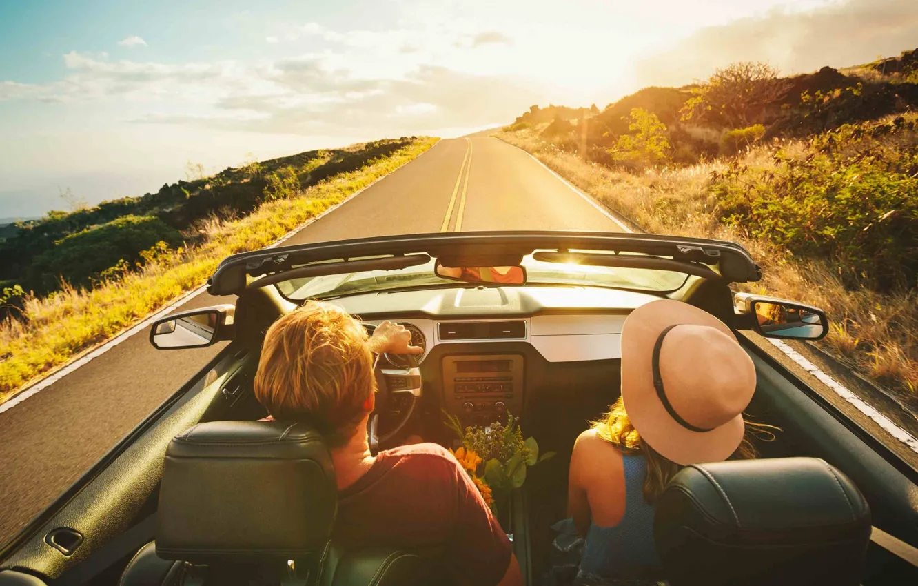 Photo wallpaper Car, Sun, Woman, Summer, Road, Man, Mood, Trip