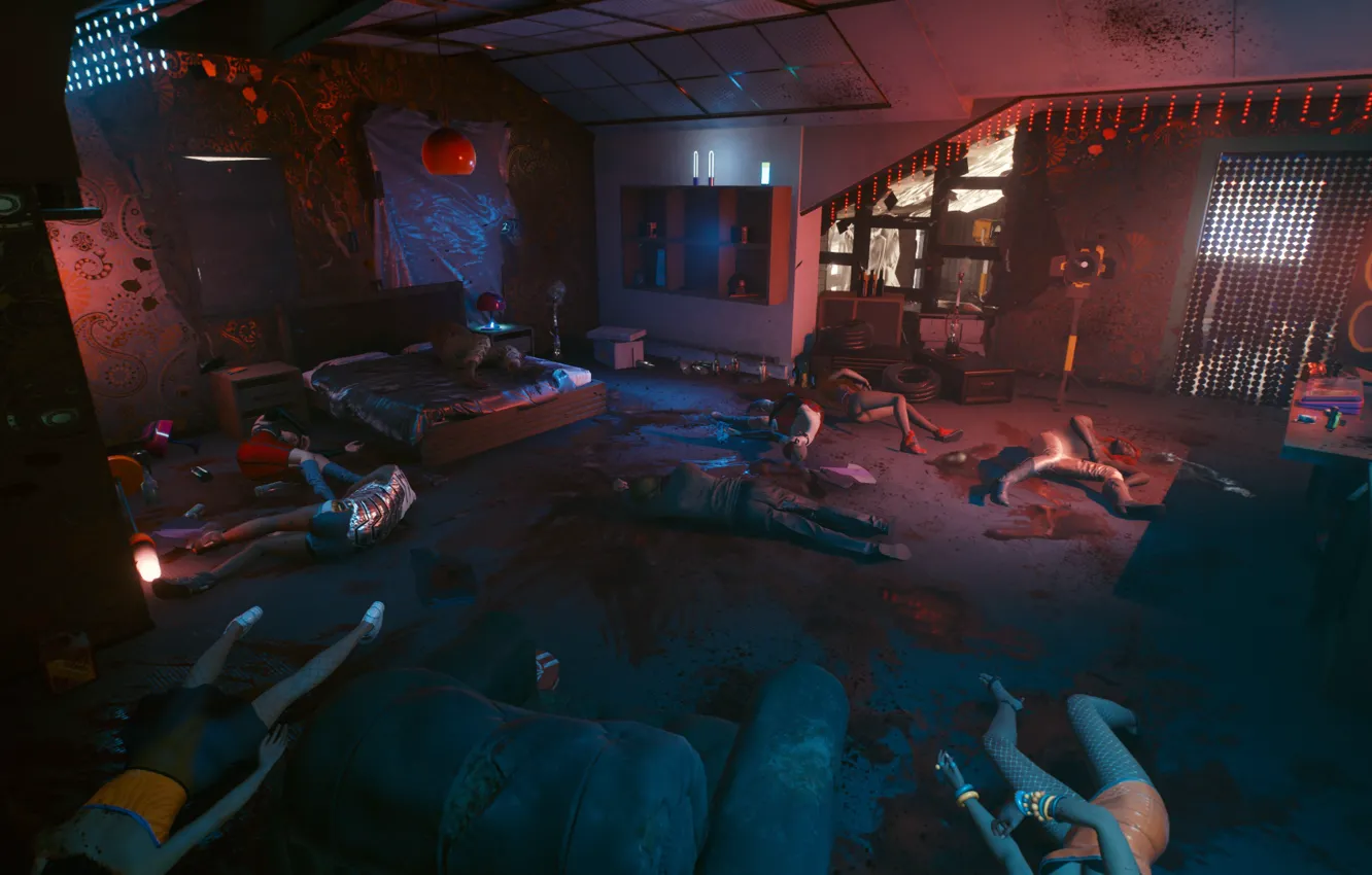 Photo wallpaper blood, party, corpses, Cyberpunk 2077, Night city 2077, Cyberpsychosis, 6th street