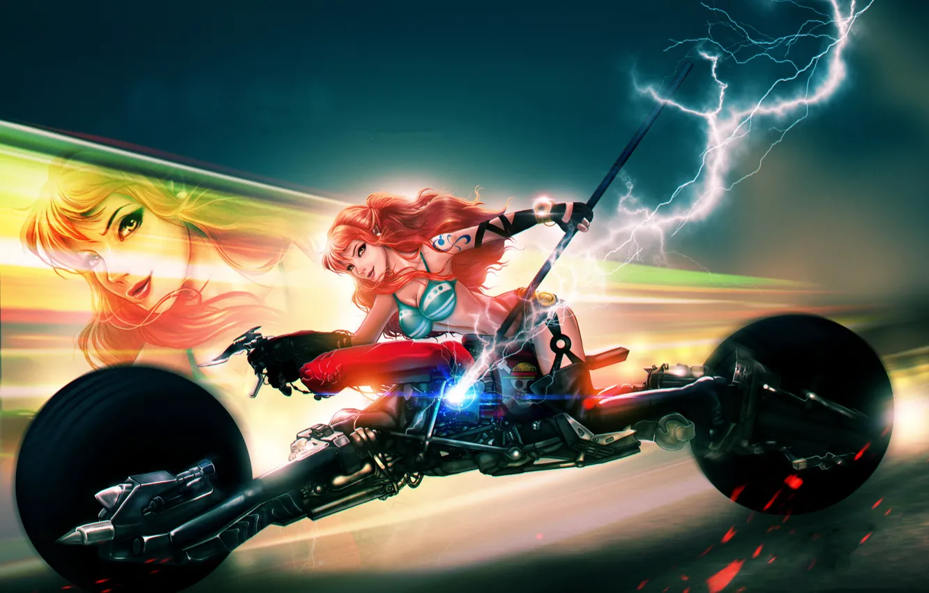 Photo wallpaper look, girl, lightning, motorcycle, red