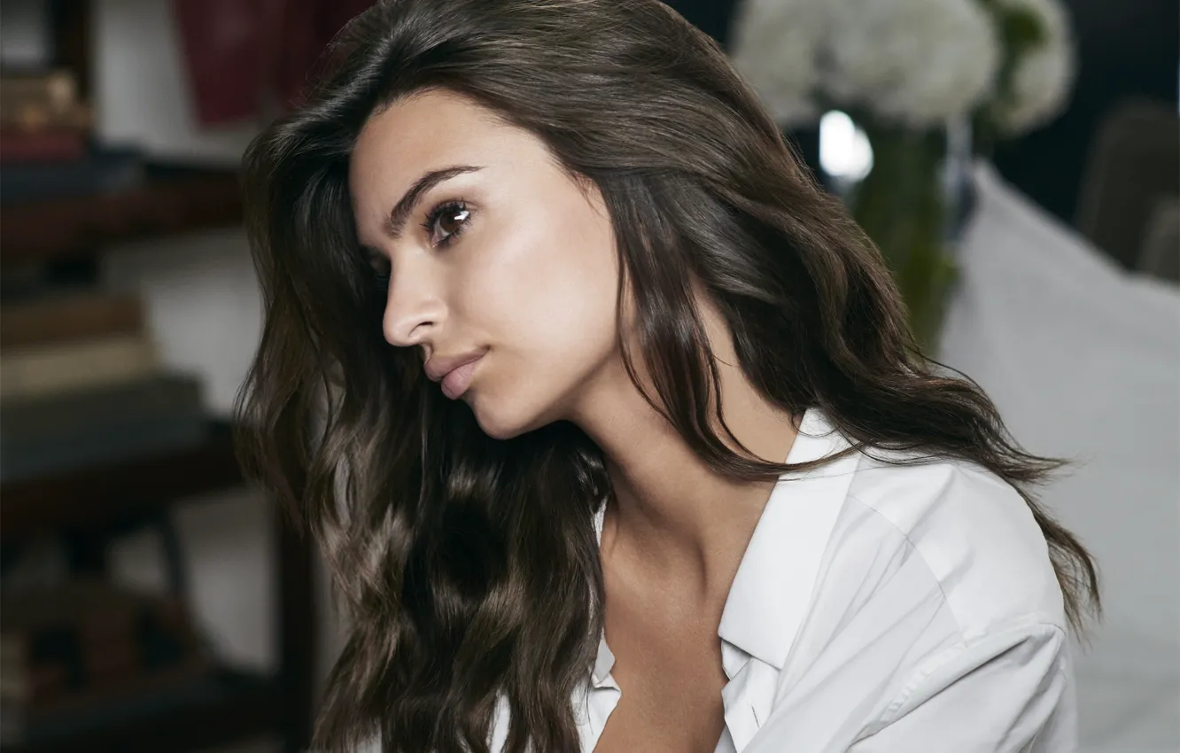 Photo wallpaper look, girl, face, shirt, Emily Ratajkowski