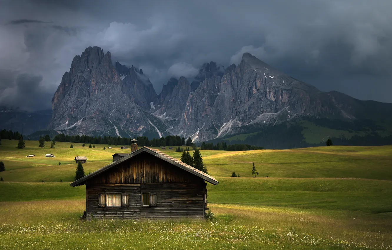 Photo wallpaper field, mountains, Alps, house