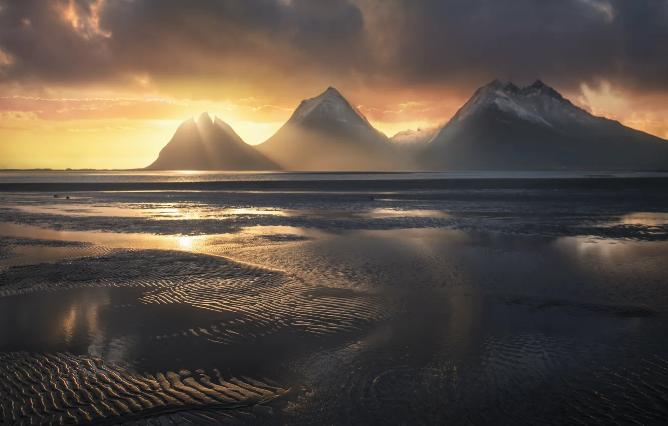 Photo wallpaper sand, sea, the sun, clouds, sunset, mountains, clouds, fog