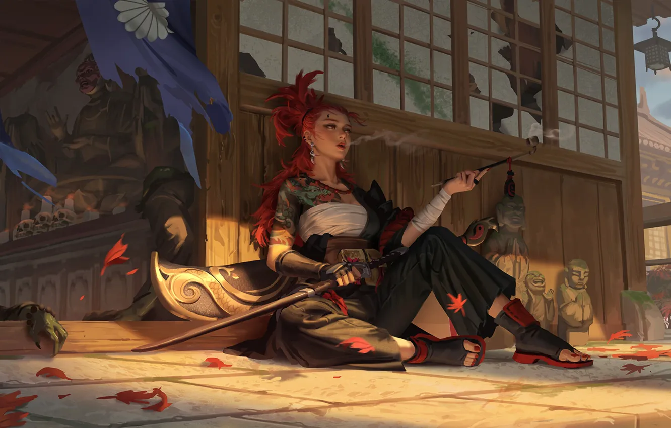 Photo wallpaper girl, style, fiction, Asia, tube, sword, tattoo, art