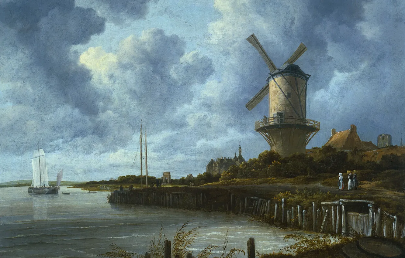 Photo wallpaper landscape, oil, picture, canvas, Jacob van Ruisdael, Mill at Wijk-Bay-Duurstede