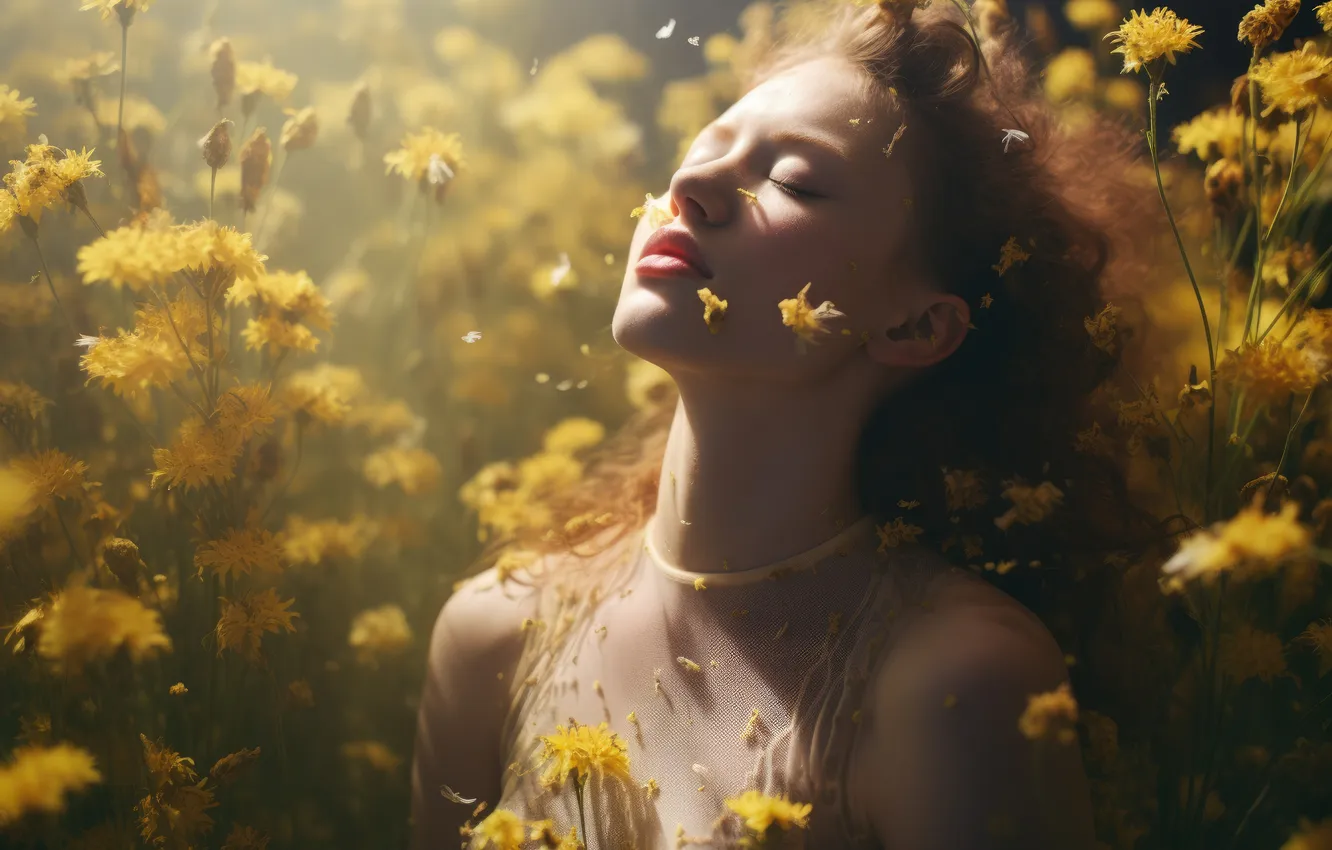 Photo wallpaper field, summer, girl, light, flowers, yellow, nature, face