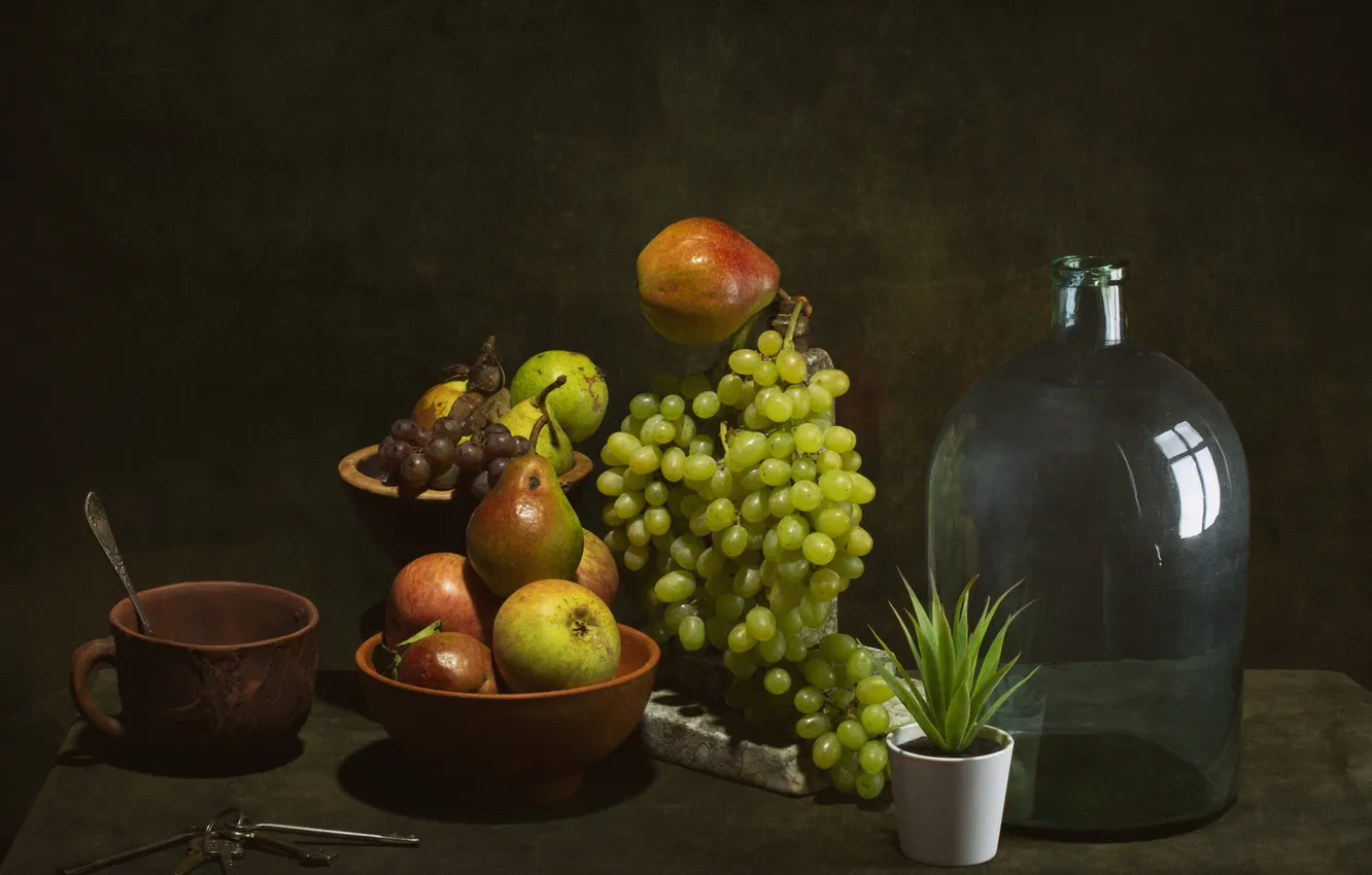Photo wallpaper grapes, fruit, still life, bottle