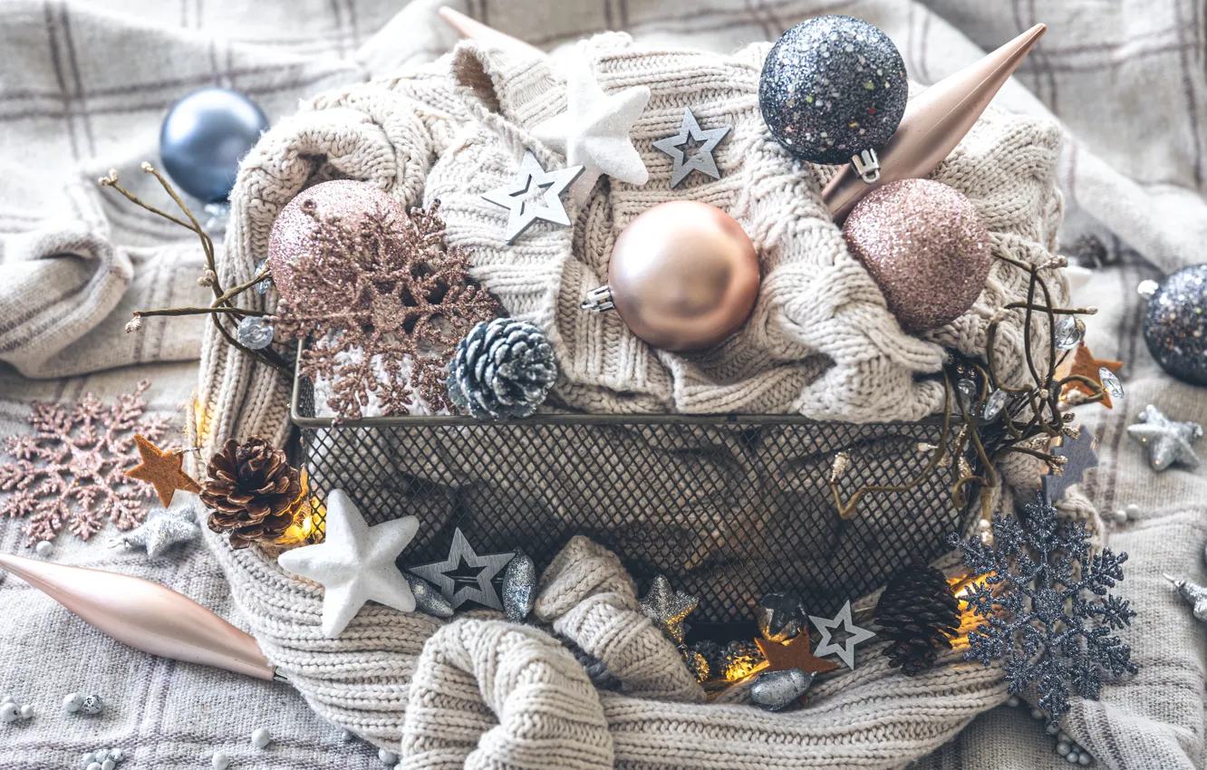 Photo wallpaper balls, snowflakes, balls, Christmas, New year, stars, sweater, Christmas decorations