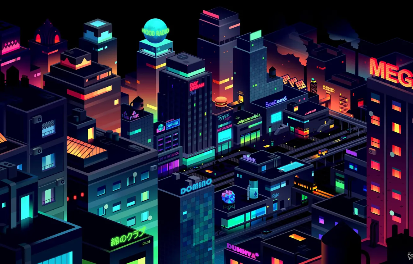 Photo wallpaper night, the city, style, building, home, vector, neon, lighting